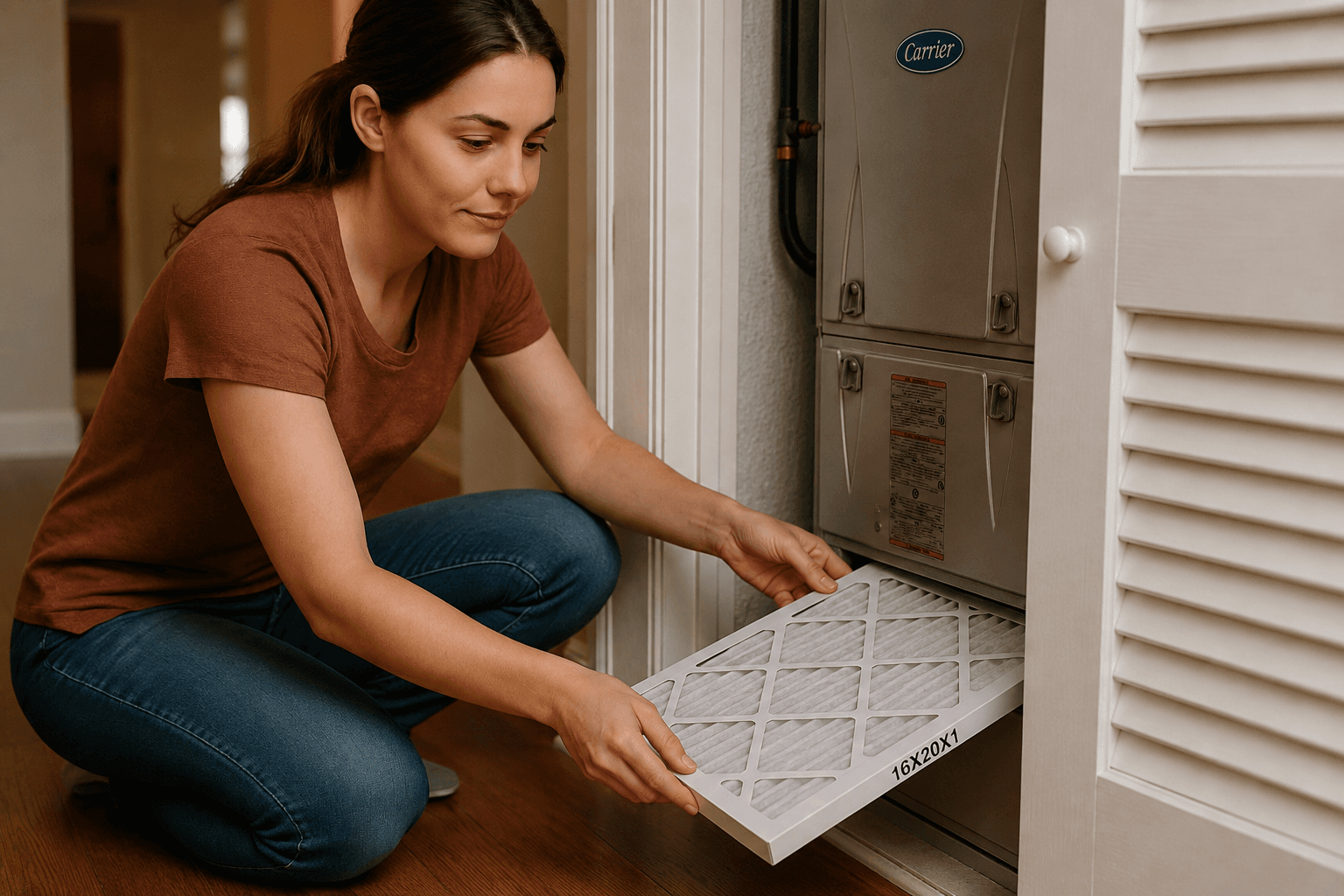 Woman replacing an HVAC filter at home