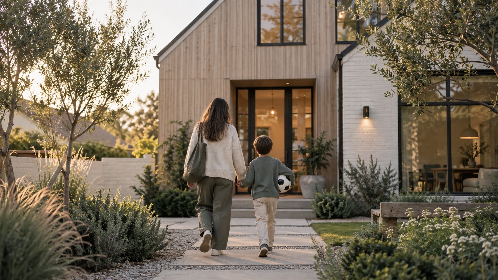 A parent and child walking up the path to their lit farmhouse at dusk, soccer ball in hand