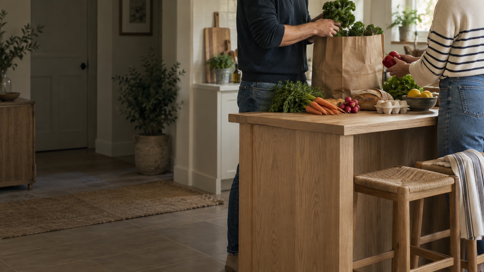 Two people unpacking a paper bag of groceries onto a kitchen island