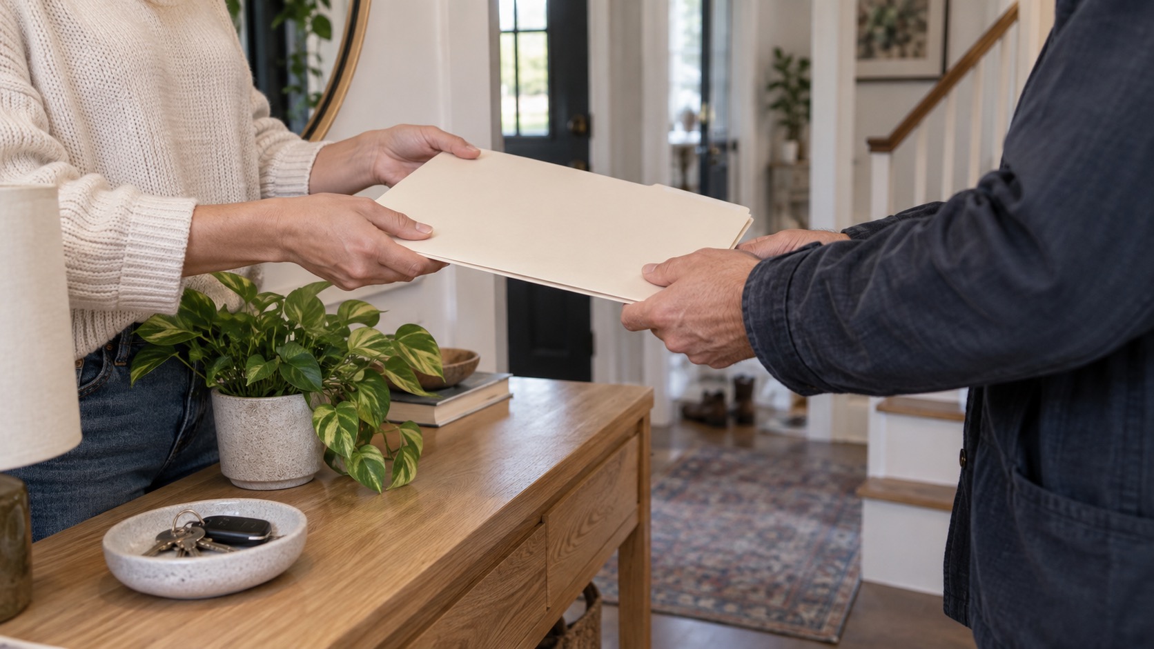 A homeowner handing a folder of home records to another person in the entryway