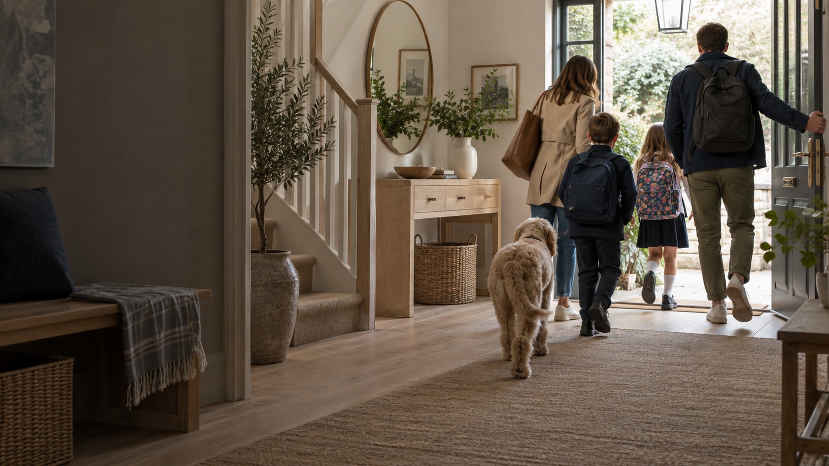 A family and their dog heading out the front door in the morning light