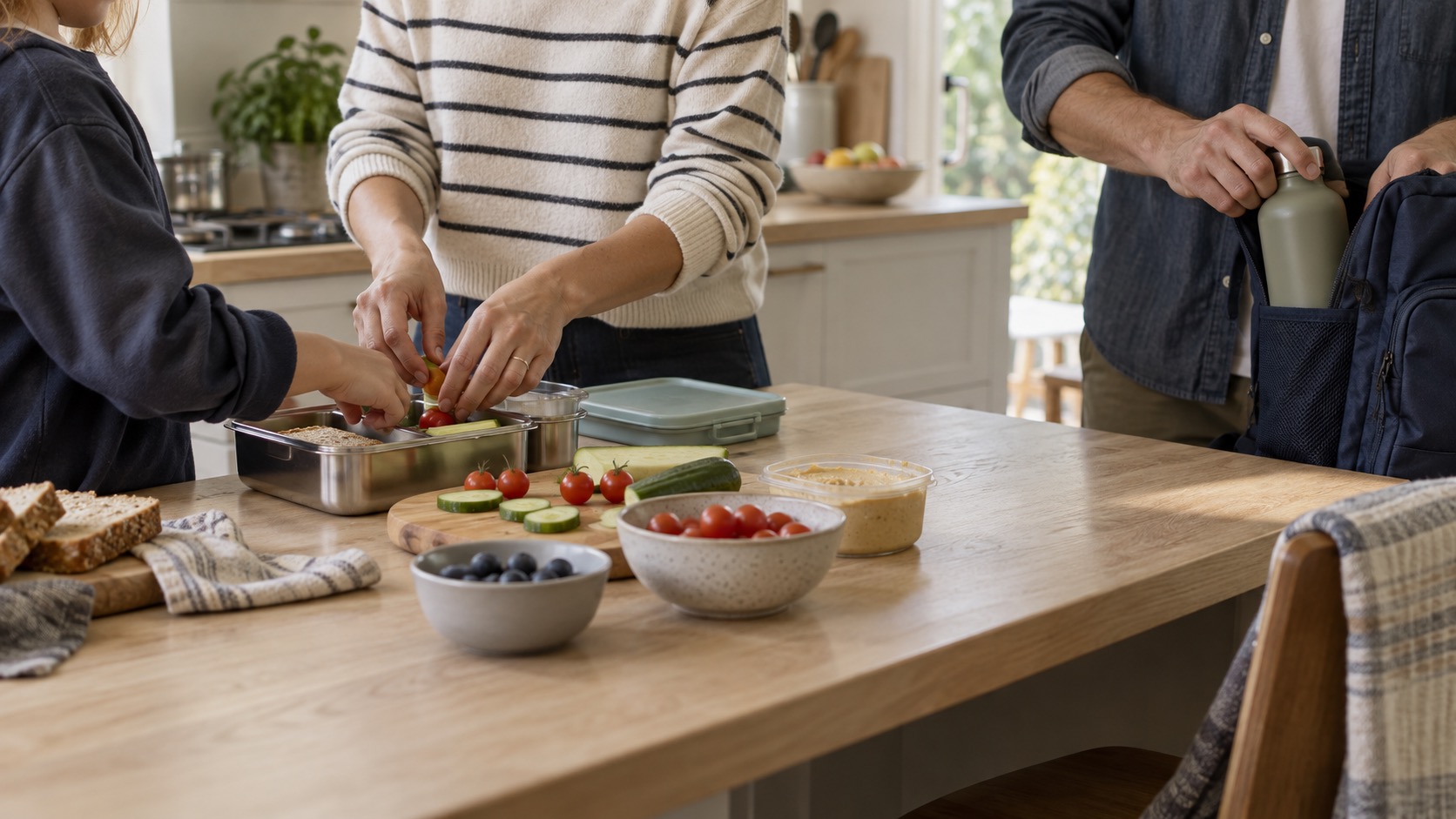 A family packing lunches together at the kitchen island