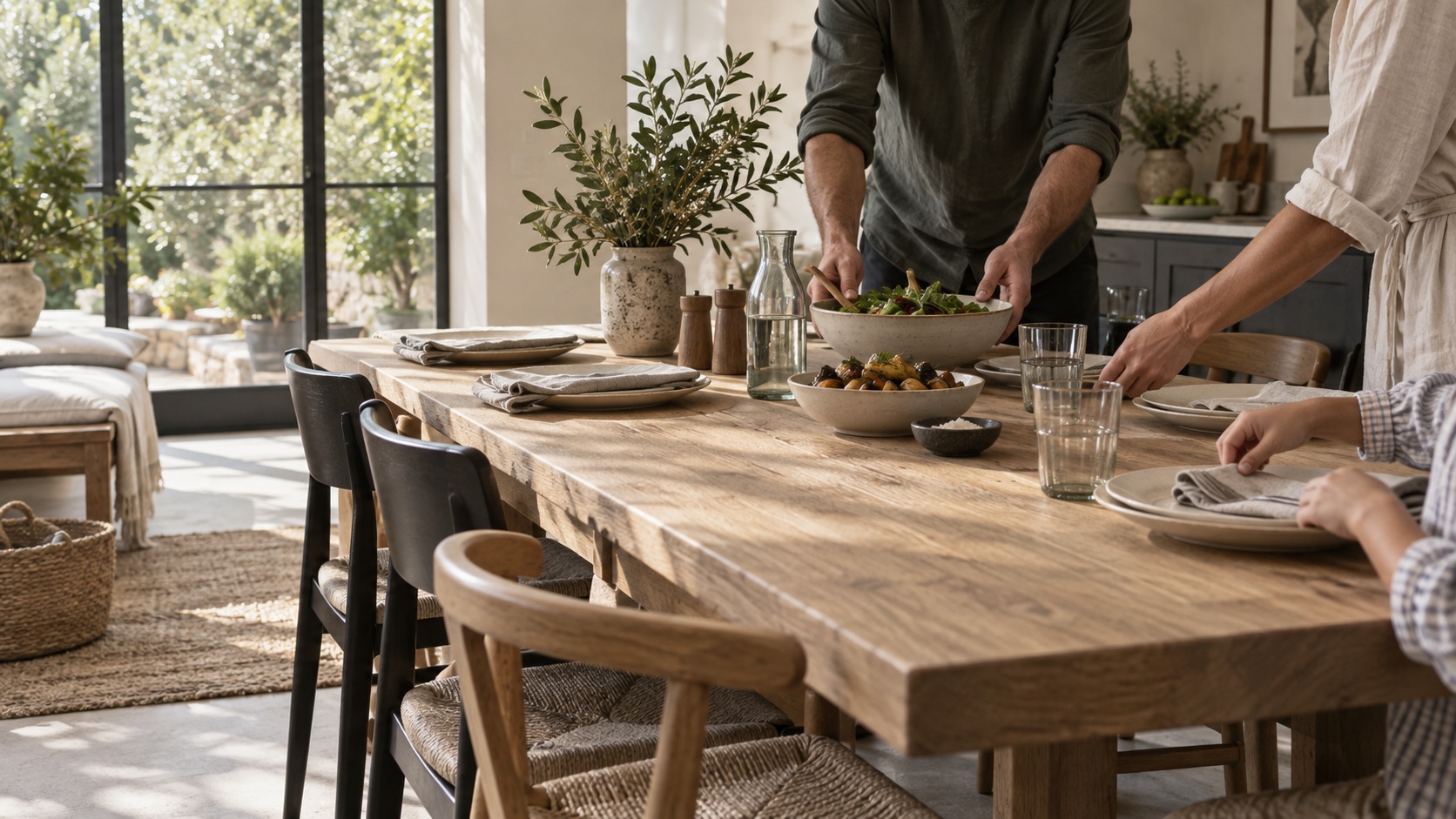 A family setting a long wooden table for dinner
