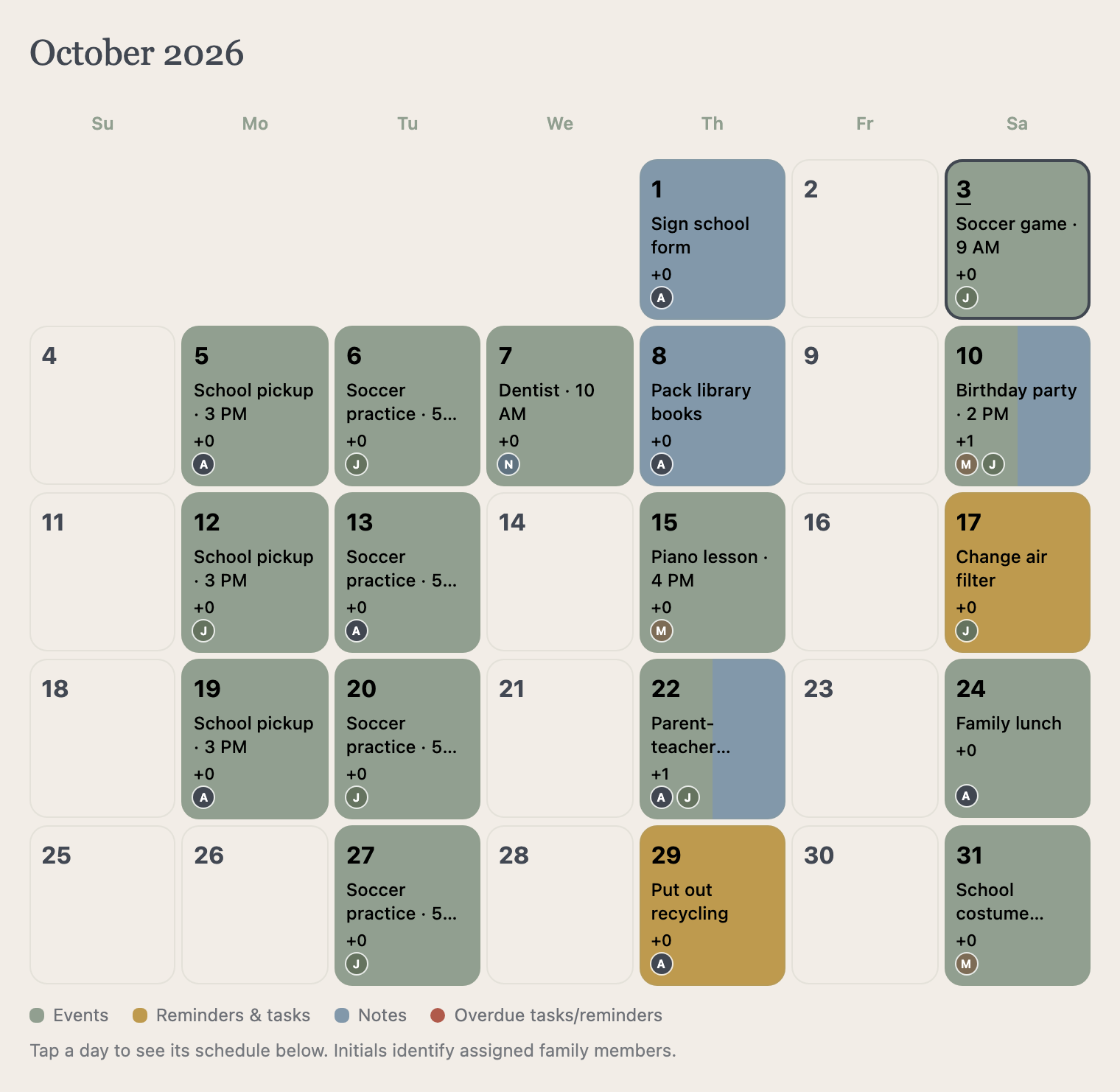 The MyHouseKeep calendar for a full month, with family events, reminders, notes, and home tasks