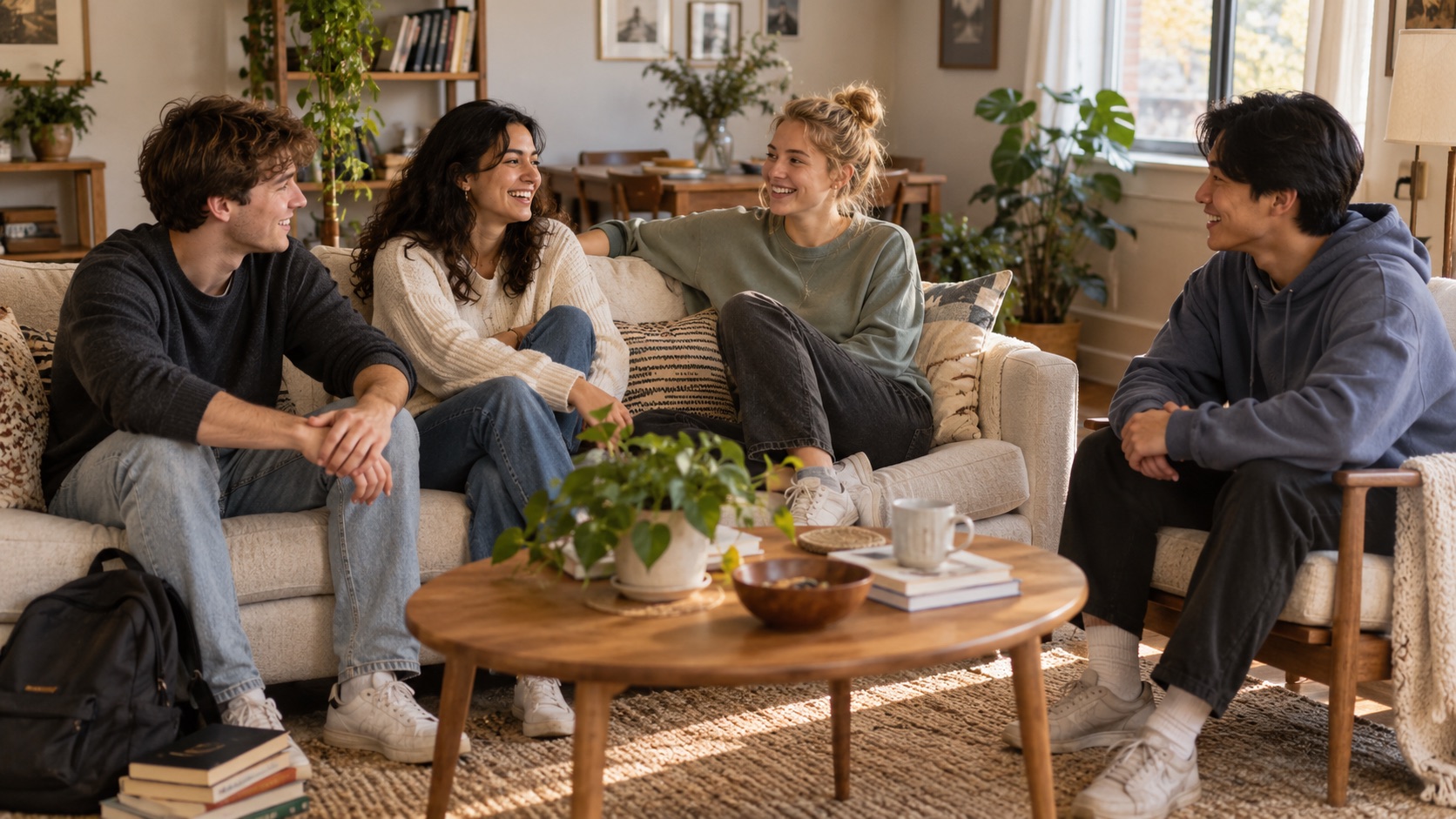 Four roommates talking and laughing together in their shared living room