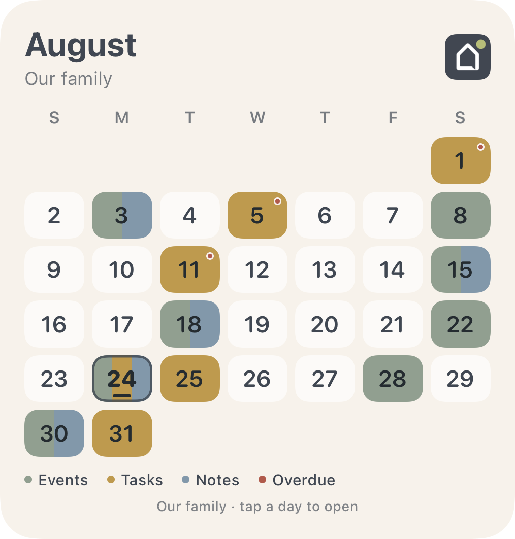 Month widget: a calm month with events, tasks, and notes marked by colour