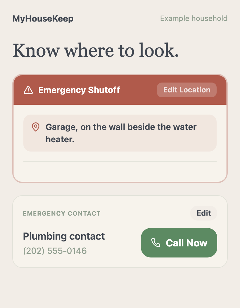 Saved emergency shutoff location beside the water heater