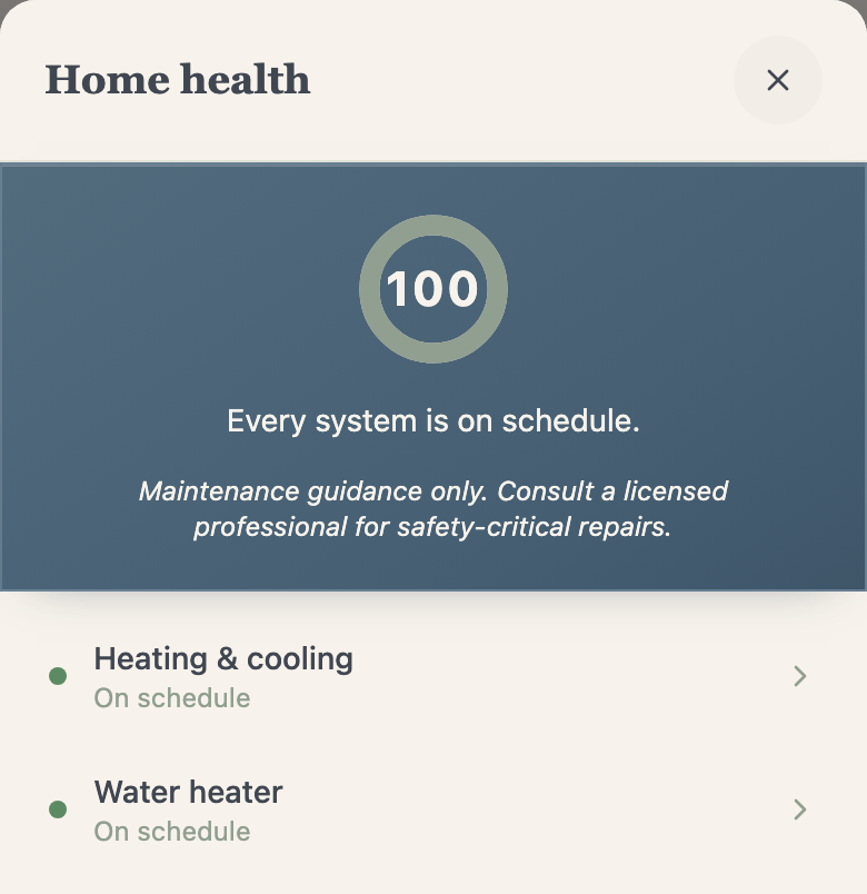 MyHouseKeep home health card showing systems on schedule