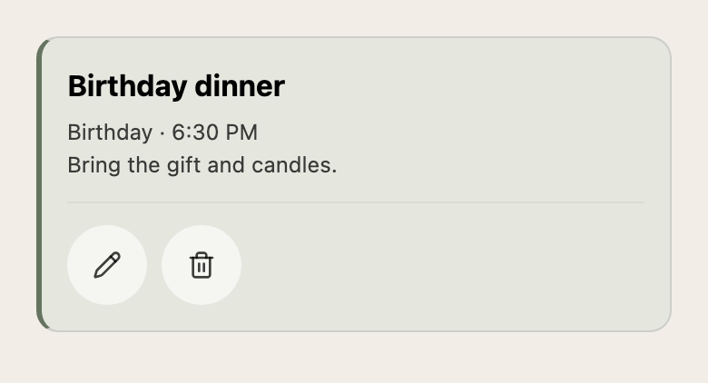 Birthday dinner event with a note to bring the gift and candles