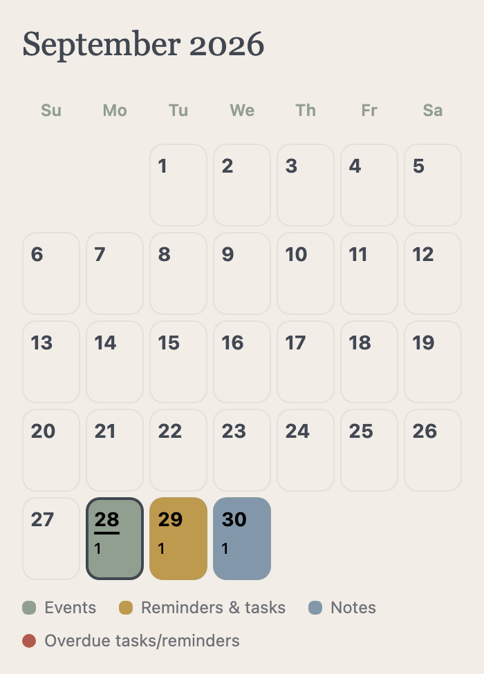MyHouseKeep month calendar with distinct colors for events, reminders and notes