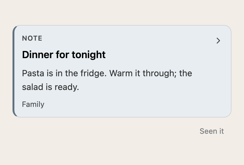 Shared dinner note: pasta is in the fridge and salad is ready