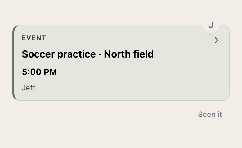 Soccer practice at the north field, assigned to Jeff with his Seen it acknowledgment