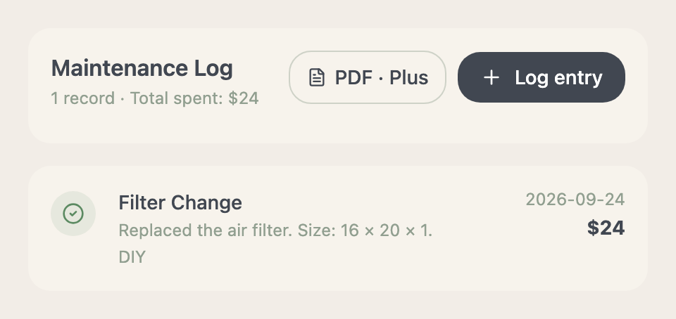 Actual Maintenance Log with a completed filter change, date, notes, provider, and cost