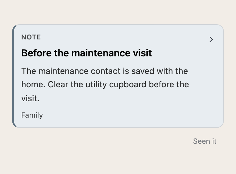 Household note to clear the utility cupboard before a maintenance visit