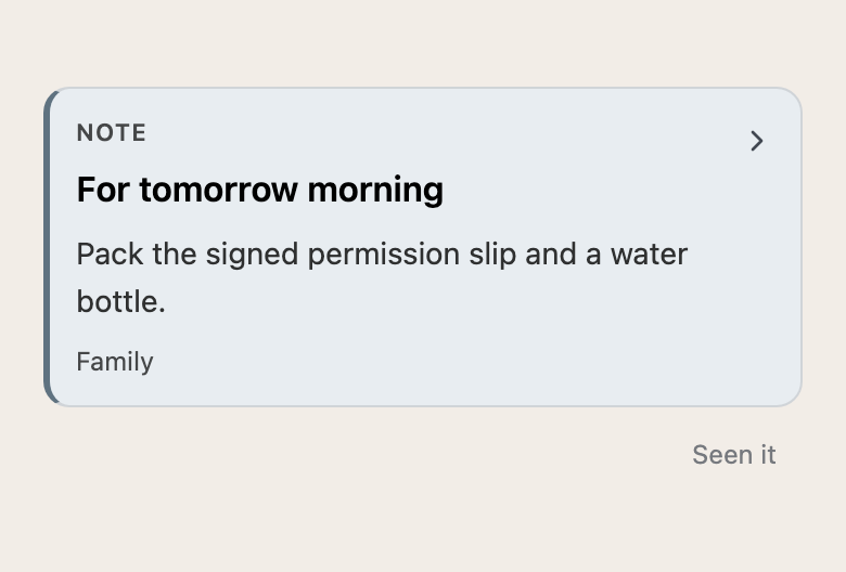 Note to pack a permission slip and water bottle