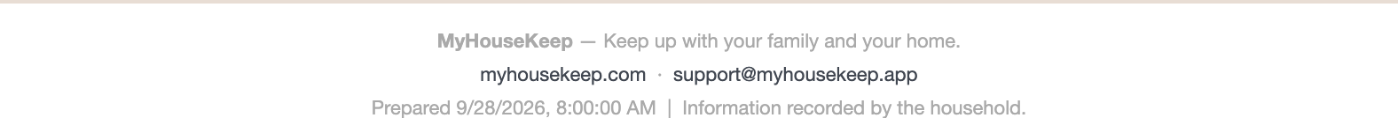 Report footer: myhousekeep.com and support@myhousekeep.app