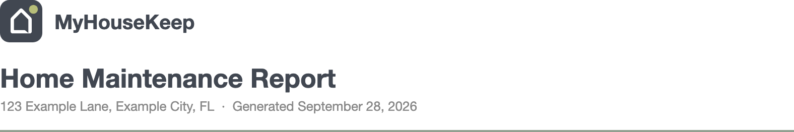 MyHouseKeep logo and Home Maintenance Report heading in the app’s dark blue