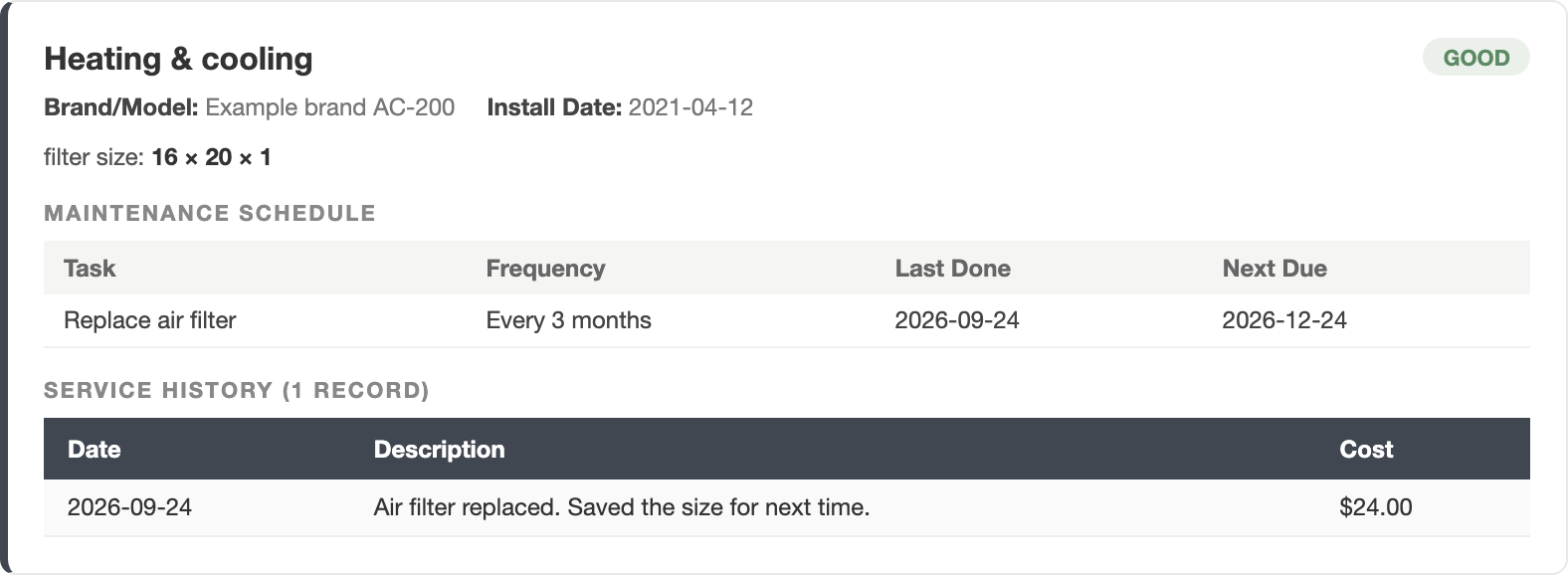 Actual maintenance report: heating and cooling system, filter size, maintenance schedule, and completed service with cost. All details are fictional.