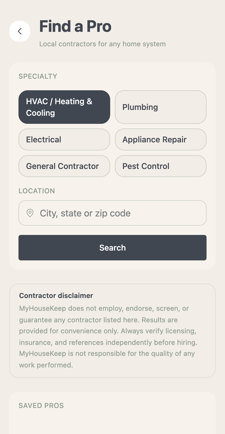 MyHouseKeep Find a Pro screen with service choices and location search