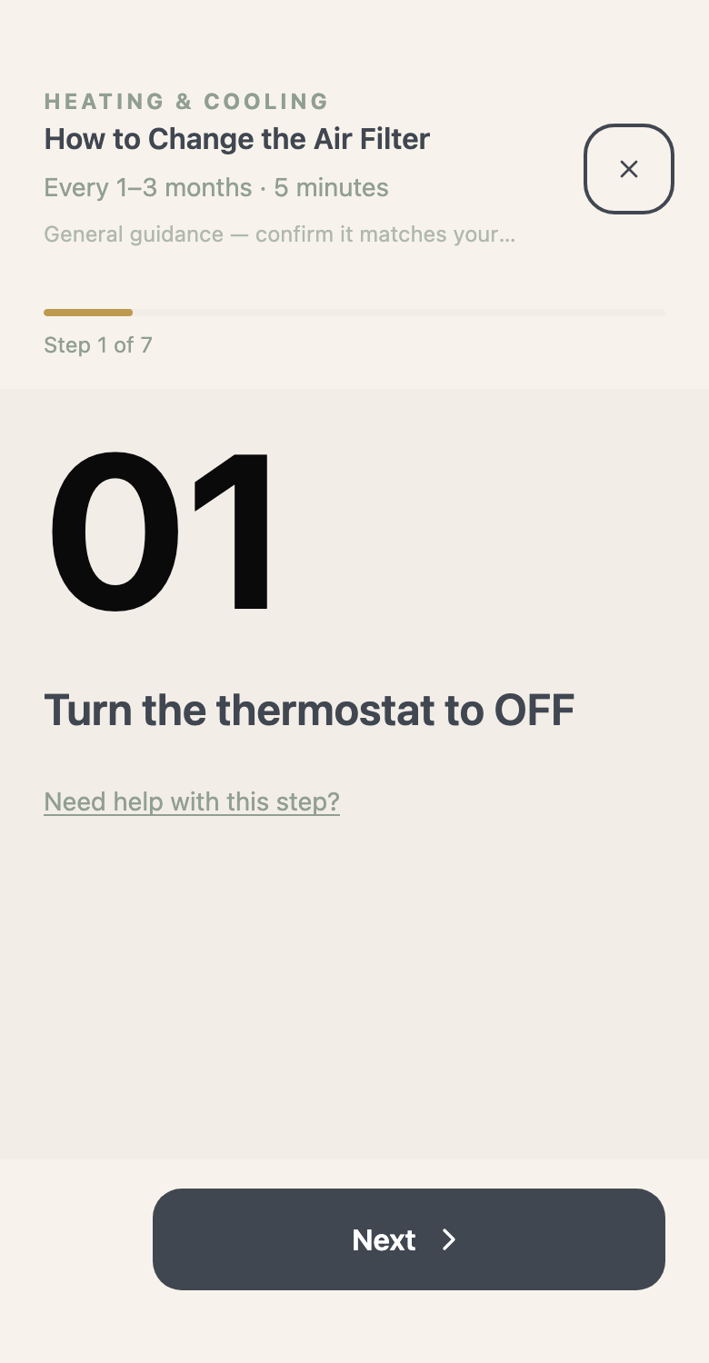 Actual MyHouseKeep step-by-step home maintenance guidance
