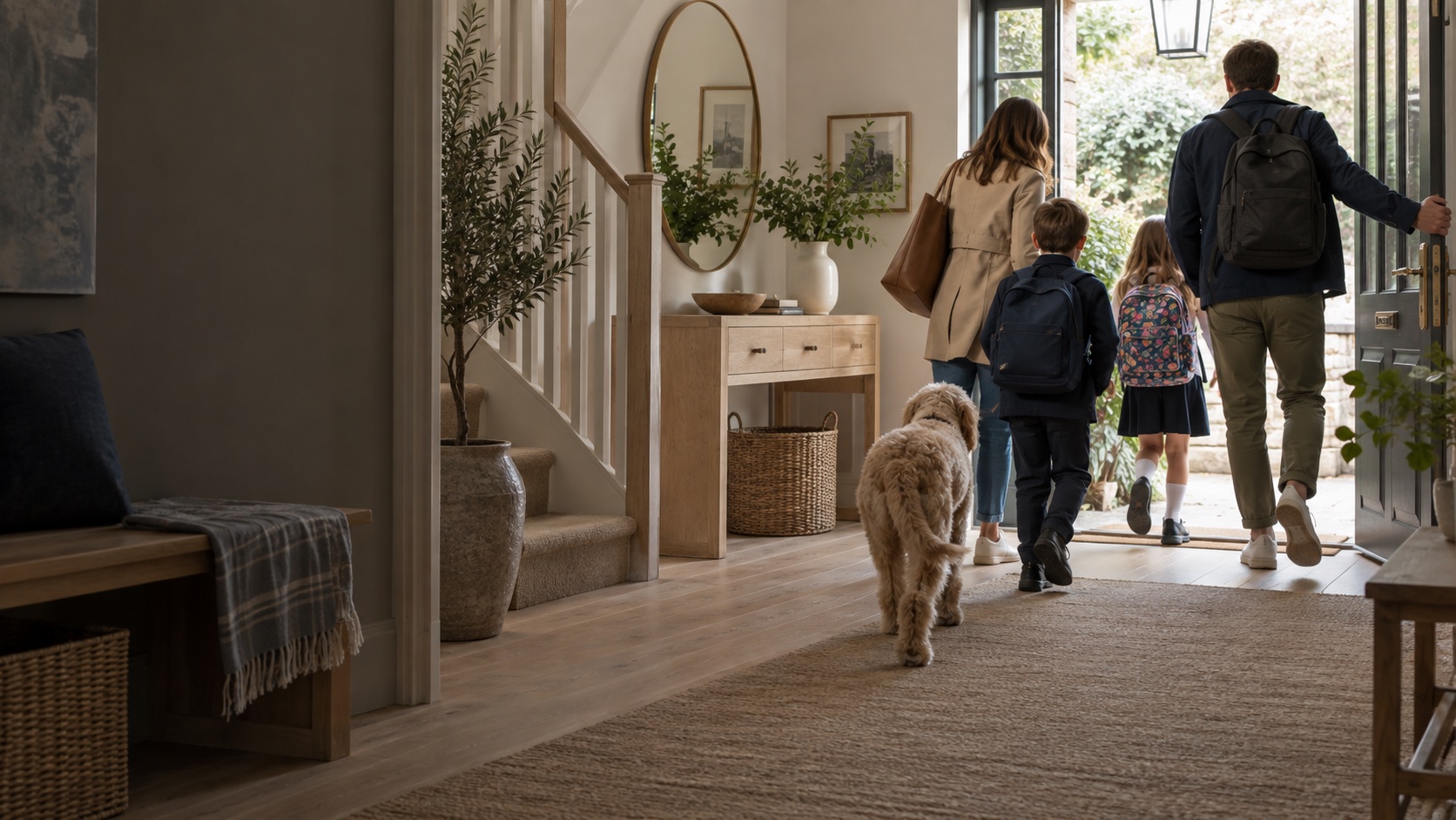 A family at their open front door with school bags