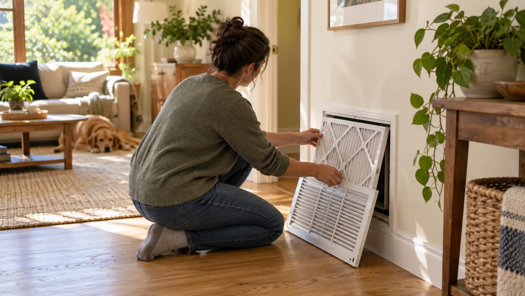 An adult replacing an HVAC air filter in a warm, sunlit home